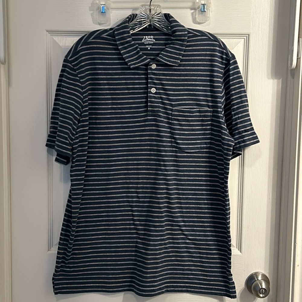 Izod Saltwater Relaxed Classic Men‎ Polo Blue Striped Shirt M